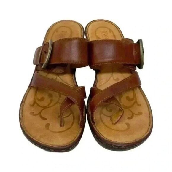 Born Rutina Size 7 Leather Toe Loop Comfort Sandals Slip On Strappy Heels Buckle - Picture 9 of 11